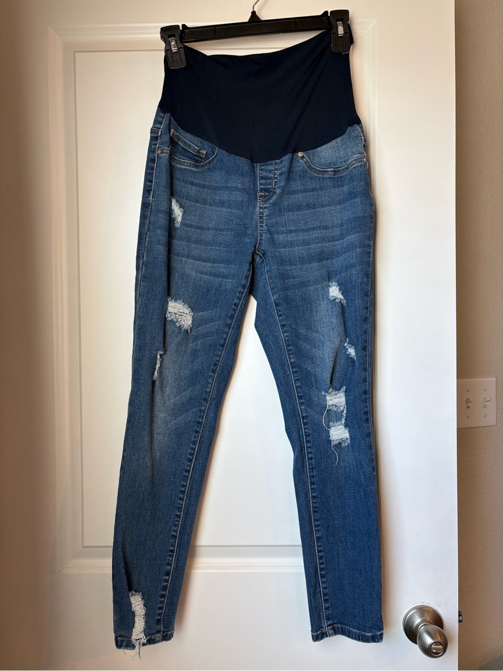 Maternity Distressed Blue Stretch Jeans with Navy Panel